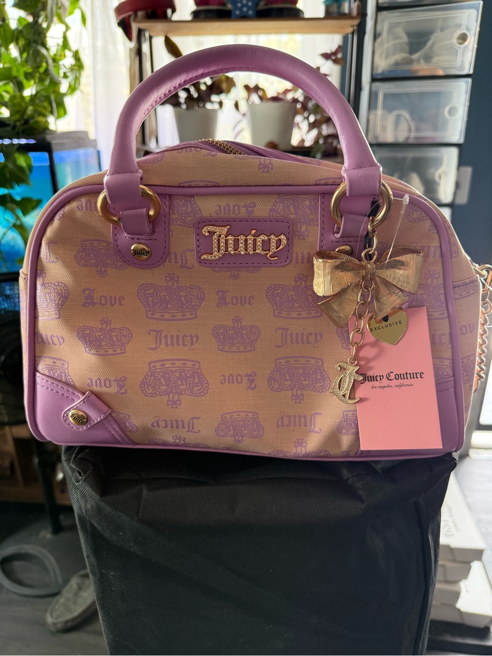 Juicy Couture Cream and Lilac Logo Dome Satchel with Gold Charm
